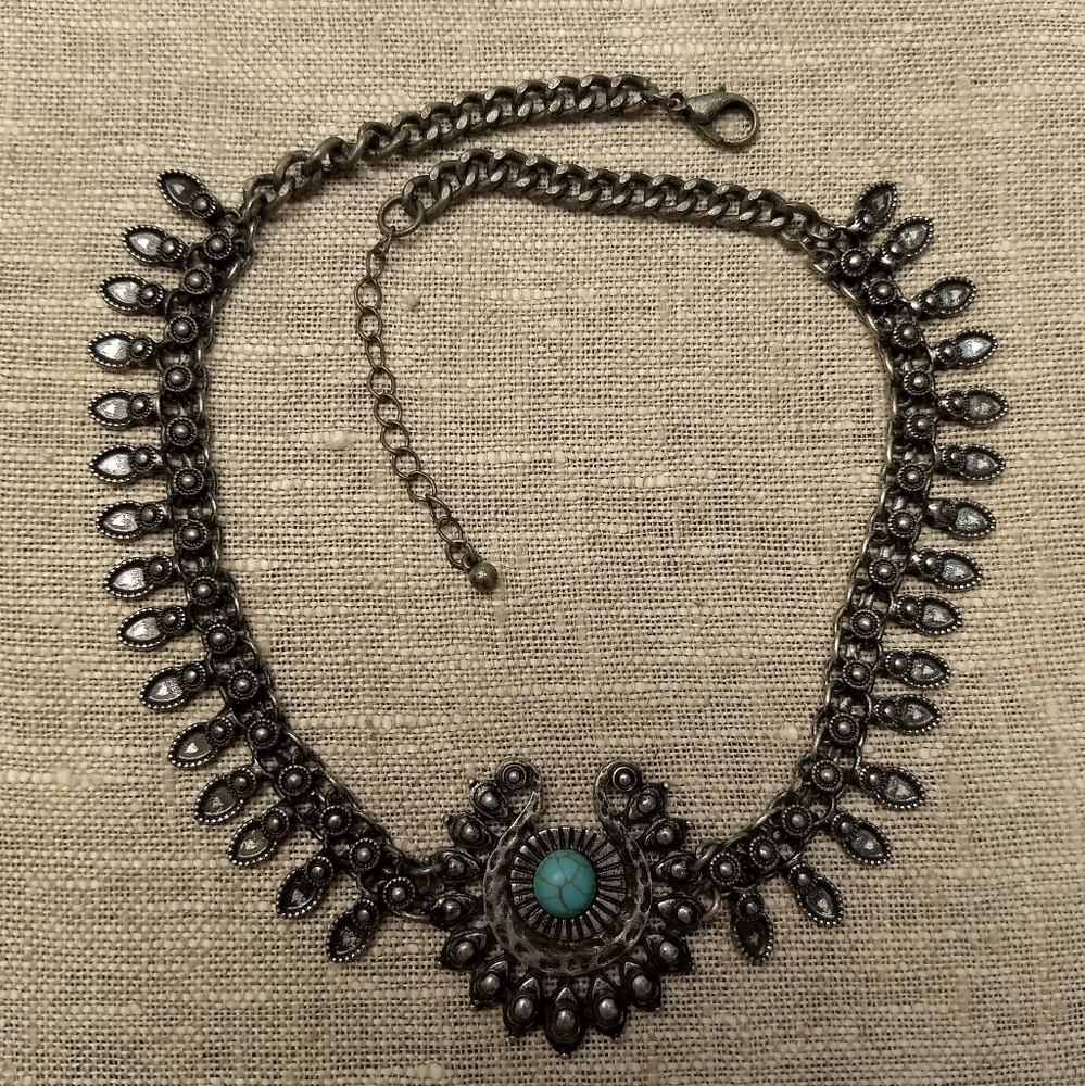 Boho Silver and Turquoise Costume Necklace